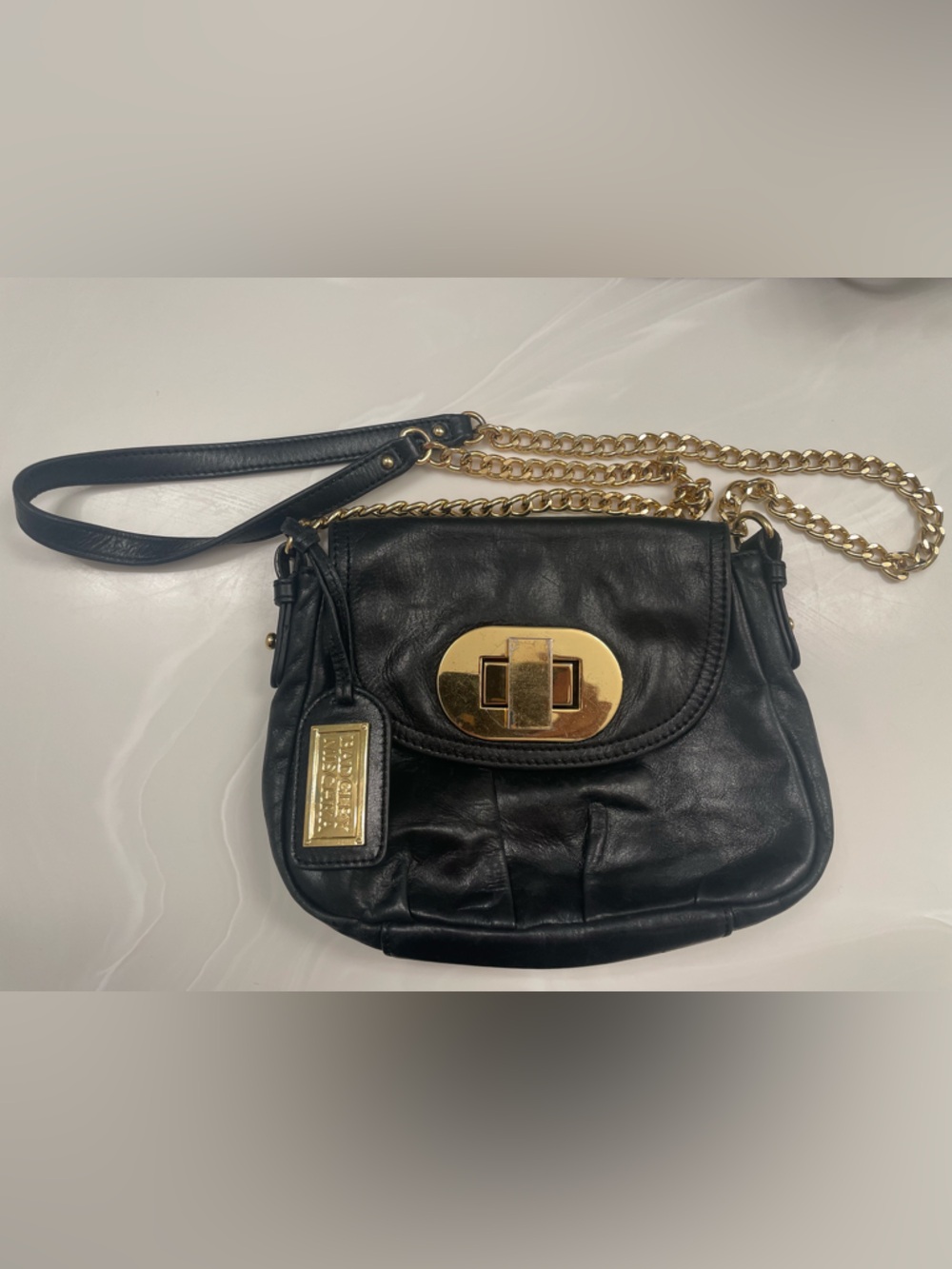 Badgley Mischka Blk Leather Chain-Accent Shoulder Bag